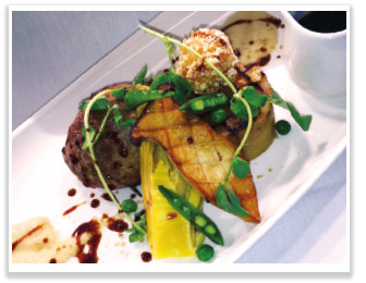 Confit duck, duck liver bonbon, orange infused fennel, fondant potato & cointreau jus