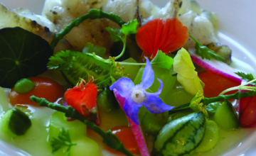 Lightly Smoked Halibut with Apricot, Samphire on Apple & Cucumber Gel