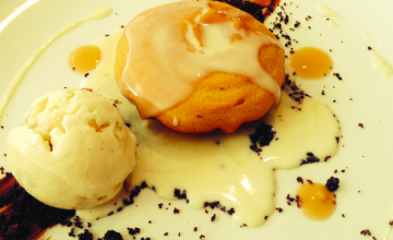 White Chocolate & Pumpkin Fondant, White Chocolate Sauce & Vanilla Ice Cream
