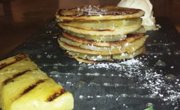 Coconut Pancakes with compressed Pineapple, Malibu Syrup & Coconut Ice Cream