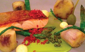 Sea Trout, Shetland Black Potato Fondants, Asparagus Salsa Verde Emulsion & Vanilla Mayonnaise