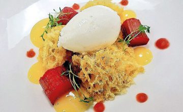 Rhubarb, Lemon Sponge & Milk Sorbet