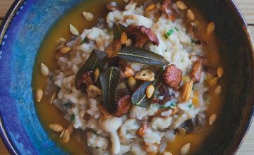 Butternut Squash Risotto with Wild Mushrooms, Crispy Garlic and Sage