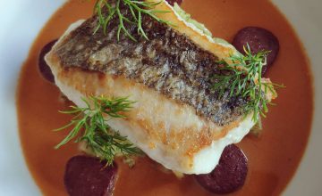 Hake Fillet, Chorizo, Crushed Potatoes and Fennel, Lobster Sauce
