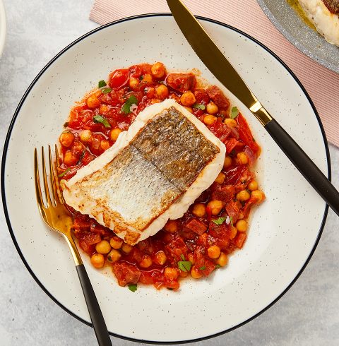 Baked Hake with Chorizo and Chickpeas