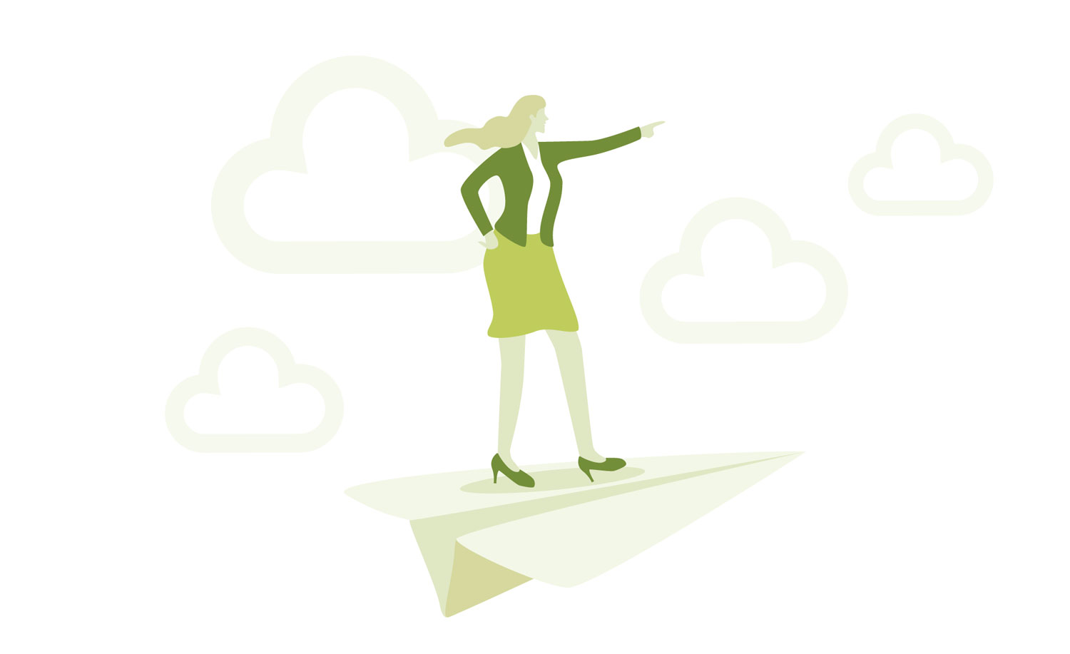 Woman on paper aeroplane illustration