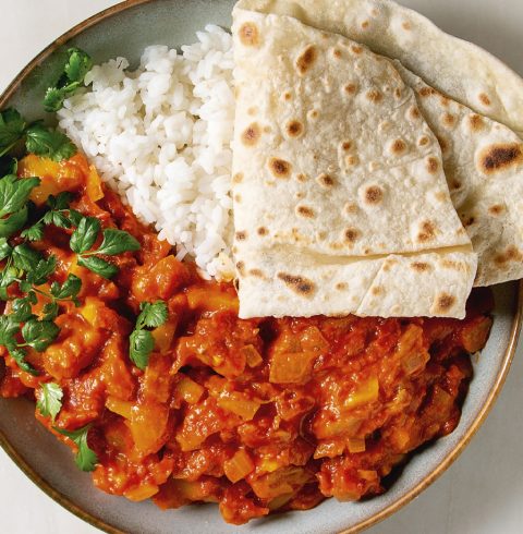 Curry with rice and chapati