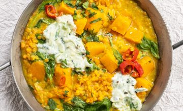 Spinach, Squash and Lentil Dahl with Raita