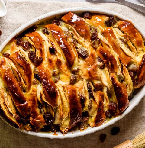 Apricot bread and butter pudding with cinnamon custard