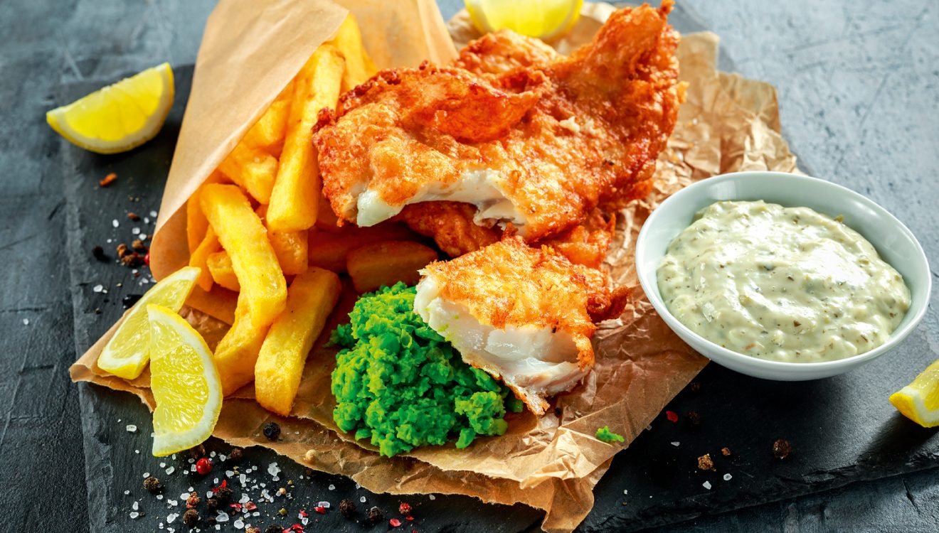 Fish and chips with mushy peas