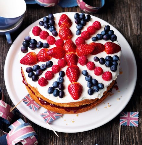 Coronation cake with Union Jack fruit decoration