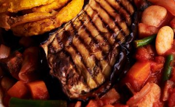 Aubergine with Butterbean Stew and Crispy Onions