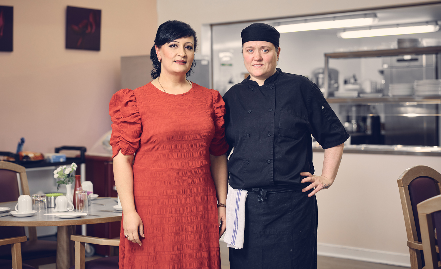 lunch service at Corson Court. Jane Green and John Glancey, two of the three-person kitchen team at the supported housing development in Belshill, North Lanarkshire