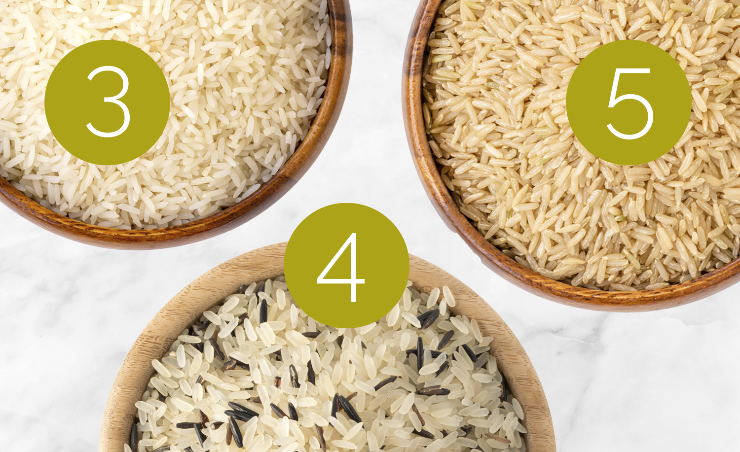 Jasmine rice, Wild rice and Brown rice