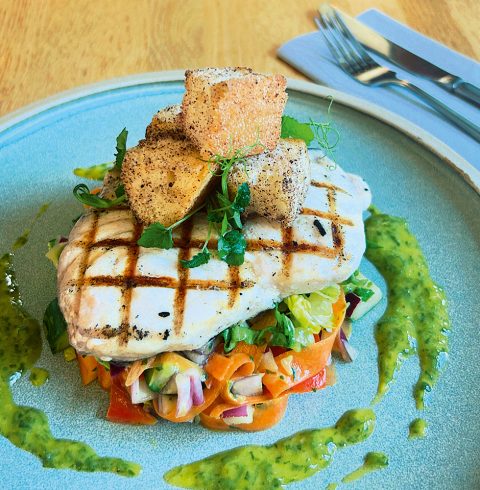 Grilled Swordfish with a Fattoush Salad, Sumac Roasted Croutons, Mint and Lemon Dressing