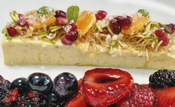 Clementine Panna Cotta, Berries, Brazil Nuts and Knafeh